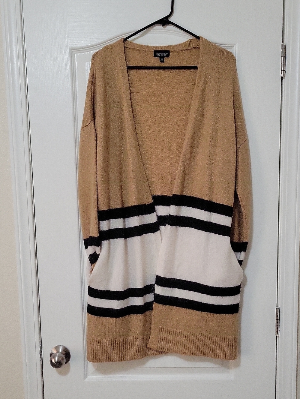 Topshop Tan White and Black Striped Open Cardigan